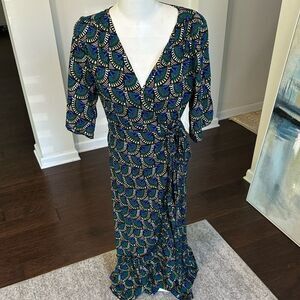 Silk & Salt Journey Maxi Wrap Dress in African Peacock Print L